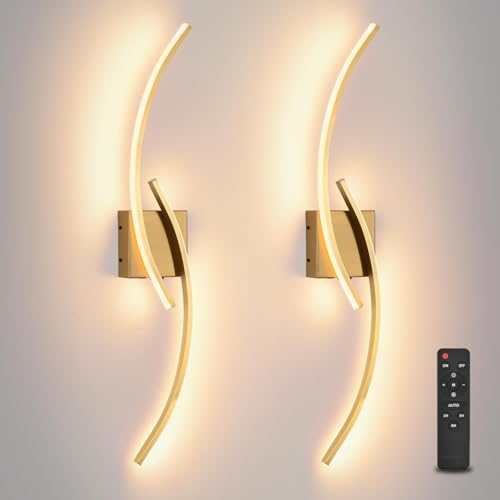 Battery Operated Wall Sconce Set of two, 3000K-6000K LED Dimmable Battery Wall Sconces with Remote Control, USB Rechargeable 31.4 inch gold Wireless Wall Lights for Living Room, Bedroom, Staircases