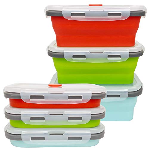 CARTINTS Set of 3 Collapsible Food Storage Containers Collapsible Silicone Bowls, Silicone Lunch Containers with Airtight Lids, Microwave and Freezer Safe, 500ml - color: blue+red+green