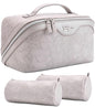 BOYATU Travel Makeup Bags Cosmetic Organizer Bag: 3-Set Large Capacity Make up Bag - PU Leather Toiletry Bags for Women - Wide Open Portable Pouch with Divider & Handle (15-Light Grey-2) - color: 15-Light Grey-2