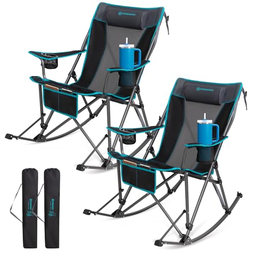 FUNDANGO Oversized Rocking Camping Chair for Adults, 2 Pack Portable Folding Lawn Chairs for Outside with Pillows, Wide Armrest, 2 Cup Holders, Carry Bag for Patio Garden Outdoor Supports 400Lbs - color: Black Rockease-2 Pack