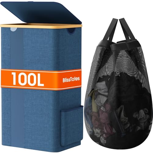 BlissTotes Laundry Basket with Lid, 100L Clothes Laundry Hamper with Handles and Removable Laundry Bag, Breathable Design Hamper with Lid for Bedroom, Bathroom, Dorm, Laundry Room - Light Blue - color: Cyan, size: 100l
