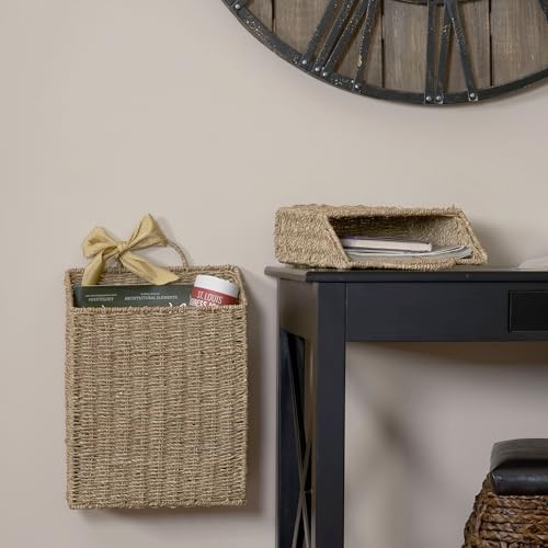 Rectangular Wicker Hanging Baskets, Set of 2, Small and Large, Handwoven Seagrass, Durable Metal Wire Frame, Multipurpose and Contemporary, Perfect for Organizing Newspapers, Mail and More, Natural