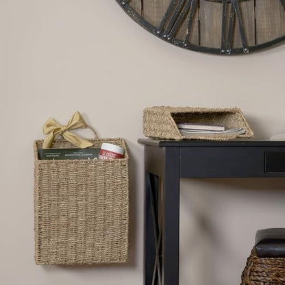 Rectangular Wicker Hanging Baskets, Set of 2, Small and Large, Handwoven Seagrass, Durable Metal Wire Frame, Multipurpose and Contemporary, Perfect for Organizing Newspapers, Mail and More, Natural
