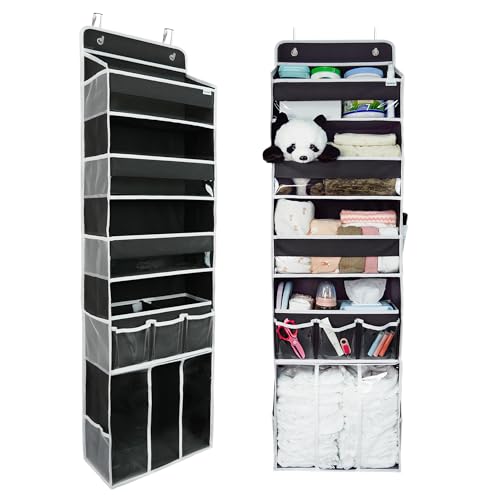 Door Hanging Storage Organizer,with 3 Bins 1 Movable Baby Diaper Caddy,1 Large capacity diaper stacking storage Organizer,10 Side Pockets ,Bedroom Door Storage for Nursery Baby Essentials. (Dark grey) - color: Dark Grey