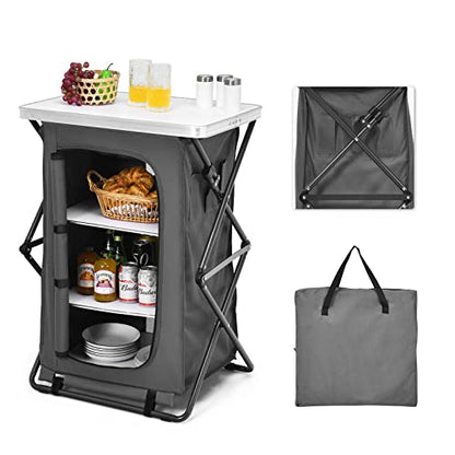 Goplus Folding Camping Storage Cabinet, Pop Up Outdoor Camping Kitchen Station with Large 3-Tier Storage Organizer, Carry Bag, Easy Set Up Portable Compact Camping Table for BBQ Picnic Backyard (35'') - size: 35''