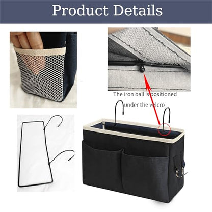 Bedside Caddy/Bedside Hanging Storage Bag Multi-Function Caddy for Bunk bed Hospital Beds Dorm Bed Rails, Holders Books Glasses Phones Magazine（2pc Black） - color: 2pc Black