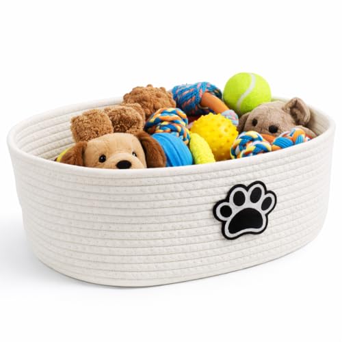 Woven Basket,Dog Toys Basket with Handle,Cute Cotton Gift Baskets Empty for Puppy Leash,Blanket Food, Accessories Pet and Household Storing - color: White