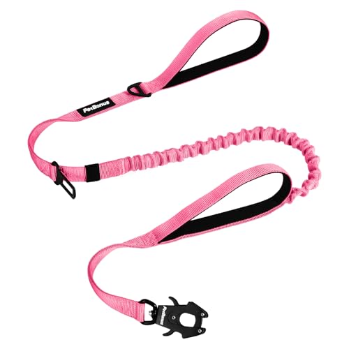 PetBonus Heavy Duty Tactical Dog Leash, 5 FT Bungee Shock Absorption Leash with 2 Padded Handles, Quick Release Metal Clip, Car Seatbelt, No Pull Training Lead for Large Medium Dogs（Pink） - color: Pink