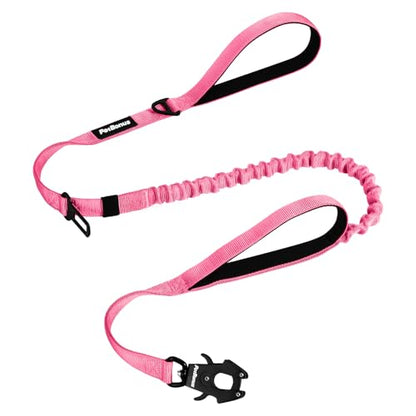 PetBonus Heavy Duty Tactical Dog Leash, 5 FT Bungee Shock Absorption Leash with 2 Padded Handles, Quick Release Metal Clip, Car Seatbelt, No Pull Training Lead for Large Medium Dogs（Pink） - color: Pink