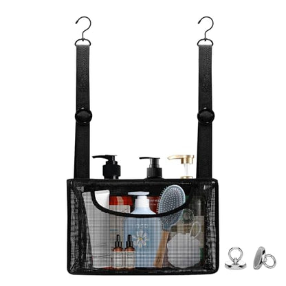 Black PVC Mesh Hanging Shower Caddy with 2 Magnetic Hooks, Adjustable Portable Bathroom Organizer with Pockets for Cruise, Dorm, Gym, Camping, RV, 12"x6"x7"(LxWxH)
