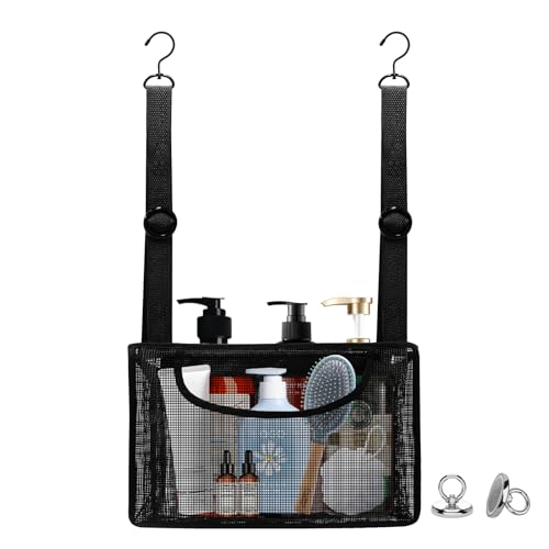 Black PVC Mesh Hanging Shower Caddy with 2 Magnetic Hooks, Adjustable Portable Bathroom Organizer with Pockets for Cruise, Dorm, Gym, Camping, RV, 12"x6"x7"(LxWxH)