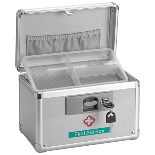 Metal Medicine Storage Box with Key, 10 x 6 x 6.7” First Aid Box Lock For Medication, Smell Proof Box Empty Organizer for Home, Dorm, Office - color: Silver, size: Small