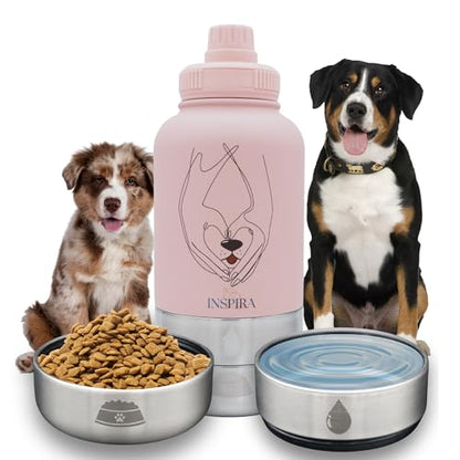 INSIPRA 32oz Dog Water Bottle with Food & Water Bowls – 3-in-1 Portable Pet Travel Bottle with Magnetic Phone Holder, Leakproof, BPA Free, Insulated (Pink) - color: PINK