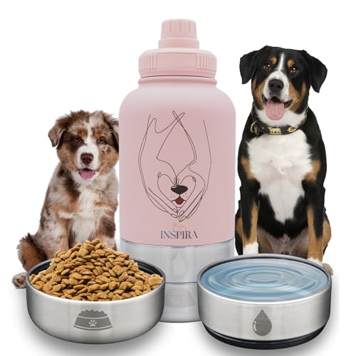 INSIPRA 32oz Dog Water Bottle with Food & Water Bowls – 3-in-1 Portable Pet Travel Bottle with Magnetic Phone Holder, Leakproof, BPA Free, Insulated (Pink) - color: PINK