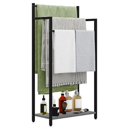 Freestanding Towel Rack, 3 Tier Blanket Ladder Stand with Oak Grey Wooden Shelf for Bathroom Living Room (31.5" H x 16.9" W x7.9 D) - color: Oak Grey, size: 31.5"H x 16.9"W x7.9"D