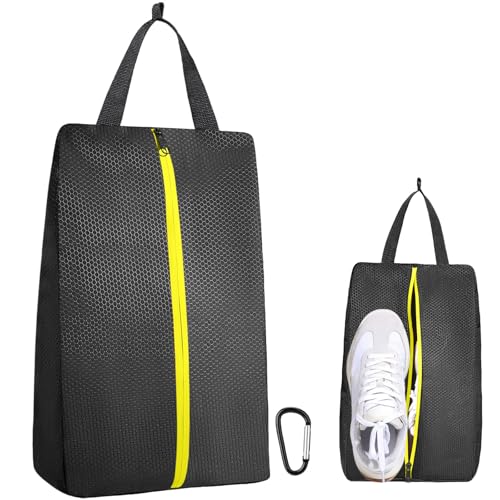 TOBWOLF Smell Proof Golf Shoe Bag, Cleat Bag Fits Up to Size 14 | Waterproof Durable Nylon, Reinforced Carry Handle & Smooth Zipper Closure, Large Capacity for Golf, Soccer, Gym and Travel - color: Black-Yellow