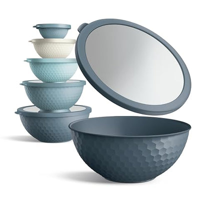 COOK WITH COLOR Mixing Bowls with Lids - 12 Piece Plastic Nesting Bowls Set includes 6 Prep Bowls and 6 Lids, Microwave Safe Mixing Bowl Set, Blue Embossed - color: Blue Embossed