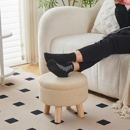 Wimarsbon Storage Ottoman, Modern Round Footrest with Soft Padded Seat, Teddy Velvet Footstool with Wood Legs, Accent Small Table or Plant Stand for Hallway, Living Room (Off-White) - color: Off-white