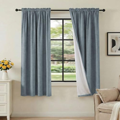 H.VERSAILTEX Linen Look 100% Blackout Curtains 63 Inches Long for Bedroom Rod Pocket 42 Inches Wide Linen Textured Thick Window Curtain Drapes with White Backing, Stone Blue, 2 Panels - color: Stone Blue, size: 42"W x 63"L (Pack of 2)