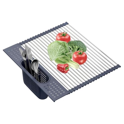 LEMIKKLE 17" x 15" Roll Up Dish Drying Rack Over The Sink Dish Drying Rack,Multi-Purpose Kitchen Rolling Dish Drainer Foldable SUS304 Stainless Steel Dish Drying Rack - color: Grey (for Size 17" X 15")