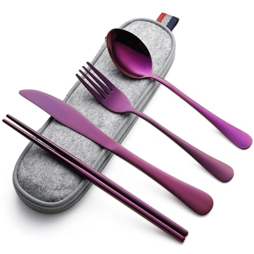 DEVICO Camping Utensils, Full-Size Reusable Silverware for Lunch Adult, Stainless Steel Travel Cutlery Set with Case, Portable Fork Spoon Knife Set for Work, Flatware with Chopsticks (Purple) - color: Purple