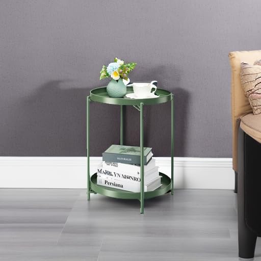 danpinera 2 Tier Metal Side Table with Removable Tray, End Table Outdoor Small Accent Table, Anti-Rust Green Nightstand for Bedroom Balcony Patio (Dark Green) - color: Dark Green