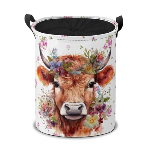 Highland Cow with Flowers Laundry Hamper Basket,Cattle Collapsible Portable Laundry Bag, Storage Bins Toys Storage Gifts Basket, Bedroom Home Nursery Decor for Baby Girl Women - color: Highland Cattle Cow
