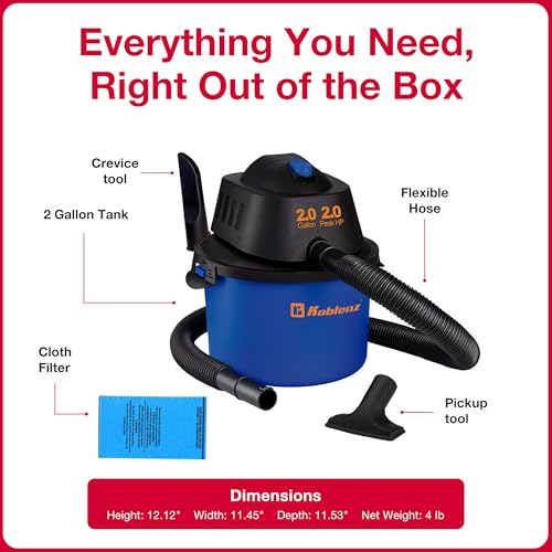 Koblenz Wet Dry Vacuum Cleaner, 2 Gallon 2.0 PHP, 60 CFM, 10 ft Reach, Twist-N-Lock Hose, Small Shop Vac, Portable Shop Vac for Home Car Garage Workshop, Accessories Included, Blue/Black, WD-2L - size: 2 Gallon 2.0 HP