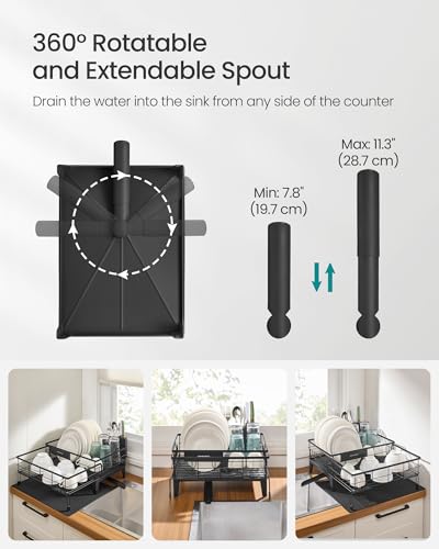 SONGMICS Dish Drying Rack, Kitchen Dish Rack with Drainboard, 360° Rotatable and Extendable Spout, with Cutlery Holder, (12.2-22) x 16.5 x 7.9 Inches, Ink Black UKCS552B01 - color: Ink Black, style: with Holder