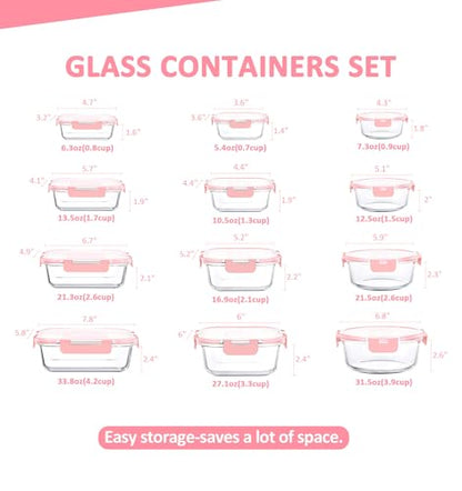 KOMUEE 24 Pieces Glass Food Storage Containers Set, Meal Prep Containers, BPA-Free Airtight Glass Storage Containers with lids,Freezer, Microwave and Oven Safe,Pink - color: Pink