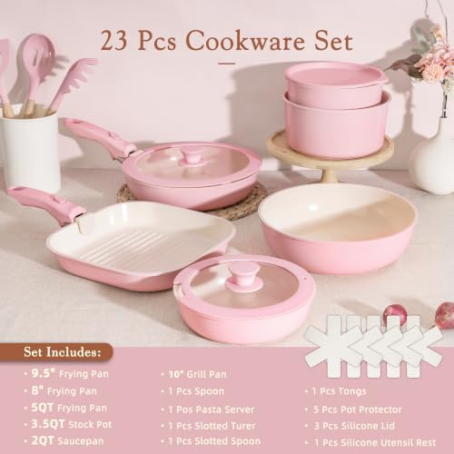 Astercook 23 Pcs Pots and Pans Set Non Stick, Ceramic Cookware Set Detachable Handle, RV Kitchen Cooking Set Removable Handles, Oven Safe, Induction Ready, Stackable, Pink, Mothers Day Gifts - color: Pink, size: 23 Piece