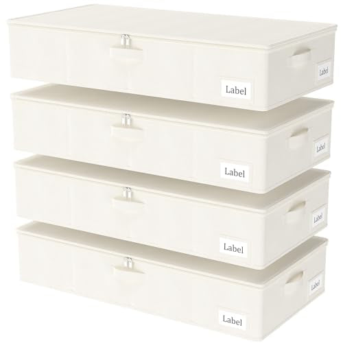 Yawinhe Foldable Underbed Storage Bags, Containers Bin with Lids, Large Under Bed Organizer Box, with Sturdy Zipper und Label Holders, for Clothing, 31.5''Lx15.7''Wx6''H, 4 Pack, Beige - color: Beige, size: 31.5x15.7x6in/4-Pack