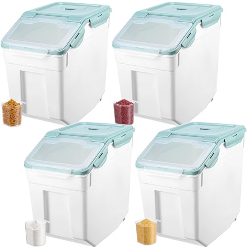 Sunnyray 4 Pcs 33 lbs Grain Rice Storage Container Flour Bin with Wheels Cup Leak Proof Pet Food Storage Boxes Seal Locking Lid Plastic Rice Containers Set for Cereal Flour Cat Dog Food (Blue) - color: Blue, size: 33 lbs