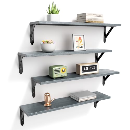 ROMGUAR CRAFT Wood Floating Shelves Set of 4, Rustic Storage Decor Wall Shelves, Wall Mounted Shelf for Living Room, Bedroom 23.6" x 6", Grey - color: Grey, size: 23.6" x 6"