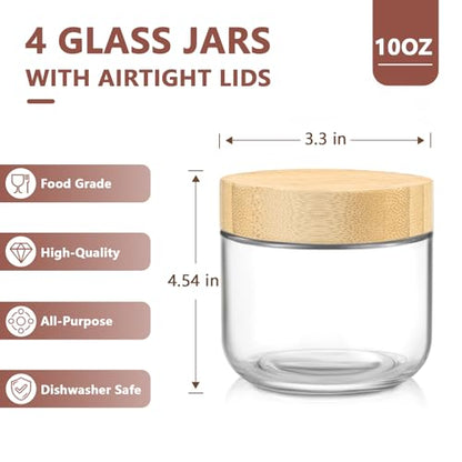 DRKIO 10 Oz Overnight Oats Containers with Bamboo Lids - 4 Pack Glass Storage Jars with Airtight Lids Wide Mouth Mason Food Jars Great for Meal Prep Salad Chia Pudding Snacks Yogurt Sugar Spice - color: 10 Oz - Natural