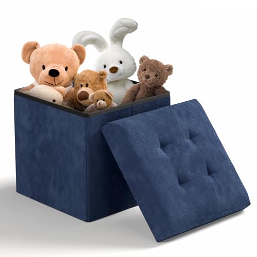 Storage Ottoman Bench, 15 Inch Ottoman Foot Rest, End of Bed Bench, Storage Chest for Living Room, Bedroom, Entryway, Navy Blue - color: Navy Blue, size: 15"D x 15"W x 15"H