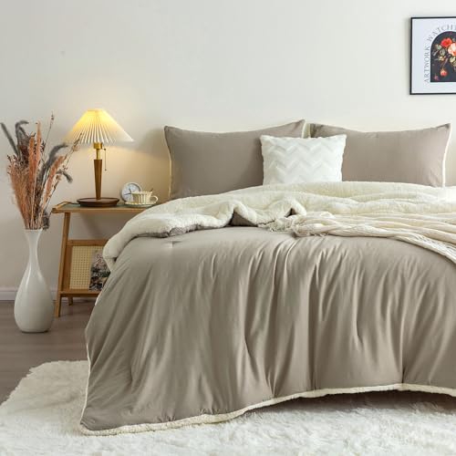 COTTEBED Reversible Sherpa Bed Comforter Queen Set - Lightweight But Warmth Softness Shabby Comforter Set for Full Size Bedding, 3 Piece Fluffy Western Farmhouse Down Comforter Winter, Beige and White - color: Beige and White, size: Full/Queen(Sherpa)