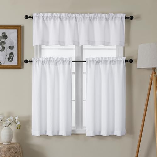 Chyhomenyc White Faux Linen Slub Textured Semi Sheer Small Window Kitchen Valance Curtain, Rod Pocket Cafe Valance for Bathroom Laundry Basement, 30Wx14L inch, 2 Piece - color: White, size: 30"W x 14"L (Pack of 2)