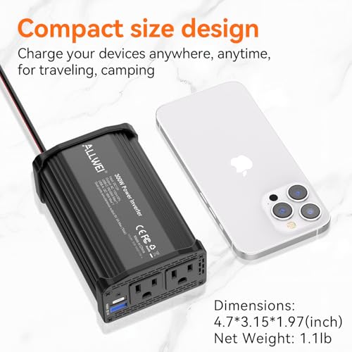 ALLWEI 300W Power Inverter 12V DC to 110V AC Car Plug Adapter Outlet Converter with 27W PD USB-C &18W USB-A Fast Charger, Car Cigarette Lighter Adapter for Laptop Tablets Phones-Black - color: PD27W-Black