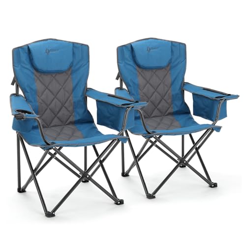 ARROWHEAD OUTDOOR 2-Pack Portable Deluxe Folding Camp Quad Chair w/Headrest, Glass & Cup Holders, Armest 6-can Cooler, Heavy Duty Carry Bag, 550 lbs Weight Capacity - color: Blue 2pack
