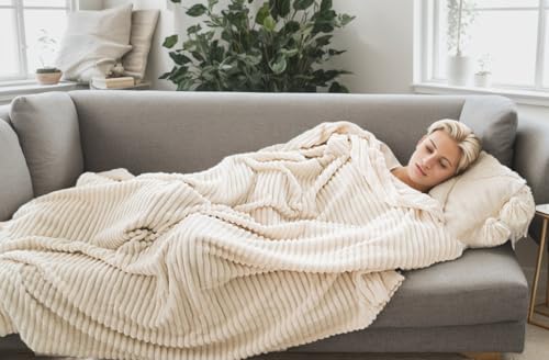 Richave Cuddly Blanket,Premium Lightweight Anti-Static Fluffy Fleece Travel Throw, Blanket with Striped Pattern, 50x60 Inches, Cream - color: Cream, size: Travel (50-Inch-by-61-Inch)