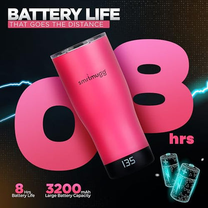 SMRTMUGG X Heated Coffee Mug 19 oz., 8 Hour Battery Life, Self-Heating, Adjustable Temp Controlled, LCD Screen, Includes Cover with Magnetic Slider (Pink) - color: Pink