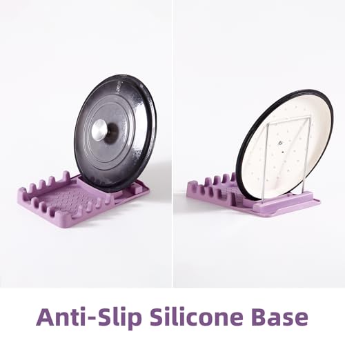 Silicone Utensil Rest with Foldable Stainless Steel Lid Holder – Multi-Slot Spoon & Spatula Holder, Heat Resistant, Non-Slip Rubber Feet, Dishwasher Safe, Space-Saving Kitchen Tool - color: Purple