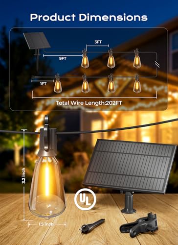 Brightown 202FT Solar String Lights Outdoor Waterproof, Patio Lights with Remote and 65+2 LED Shatterproof Bulbs, Dimmable & Timable, 3 Light Modes, Solar Lights Outdoor for Yard Camping Party Outside - size: 202FT(65 Sockets)
