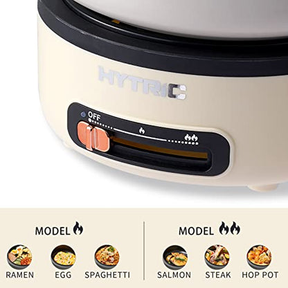 HYTRIC Electric Cooker, 2L Portable Electric Cooker with Foldable Handle, Non-Stick Electric Cooker with Dual Power Control for Camp, Dorm, Multi-Function Ramen Cooker for Oatmeal, Steak, Pasta,