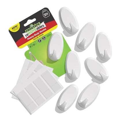 FrogTape reMOVEables Heavy Duty Wall Hooks - No Damage - Easy to Remove & Reuse - Medium Wall Hook with Adhesive Strips - Holds up to 3 lbs - Includes 8 Hooks and 12 Strips - White (Pack of 16) - size: Pack of 16, style: Medium