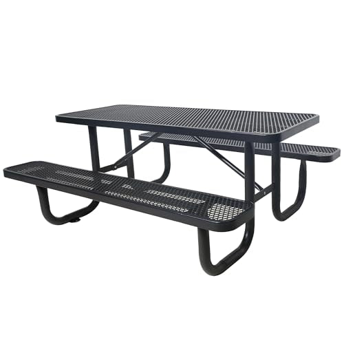 4FT Rectangular Metal Picnic Table for Outdoors, Commercial Steel Metal Picnic Tables, Heavy Duty Sturdy Picnic Tables Furniture Set for Patio Garden Courtyard BBQ, with Umbrella Hole, Black - color: Black, size: 4FT Rectangular
