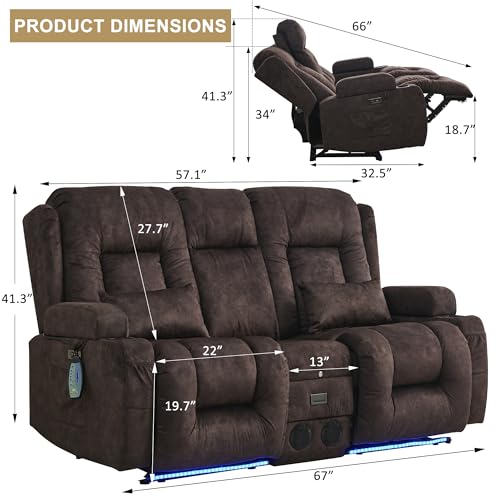 URRED Power Loveseat Recliner Sofa with Massage and Heat, Wall Hugger Reclining Loveseat with Console, RV Couch Home Theater Seating with LED Lights for Living Room (Brown, 67" - 2 Seats) - color: Brown, size: 67" - 2 Seats