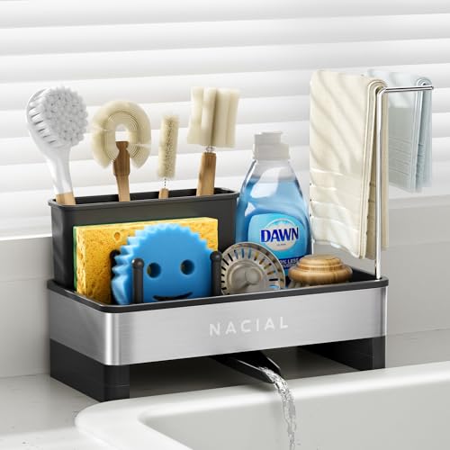 Nacial Kitchen Sink Caddy Organzier with High Brush Holder, Sponge Holder for Kitchen Sink with Two Towel Racks - Rustproof 304 Stainless Steel Kitchen Countertop Storage Essentials - color: Black
