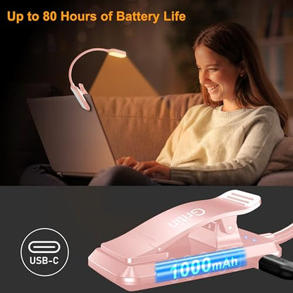 Gritin 16 LED Rechargeable Book Light for Reading in Bed- Eye Caring 3 Color Temperatures, Stepless Dimming Brightness, 80 Hrs Runtime, Lightweight Flexible Clip on Light for Book Lovers-Pink | Eye Caring 3 Color Temperatures, Stepless Dimming Brightness,